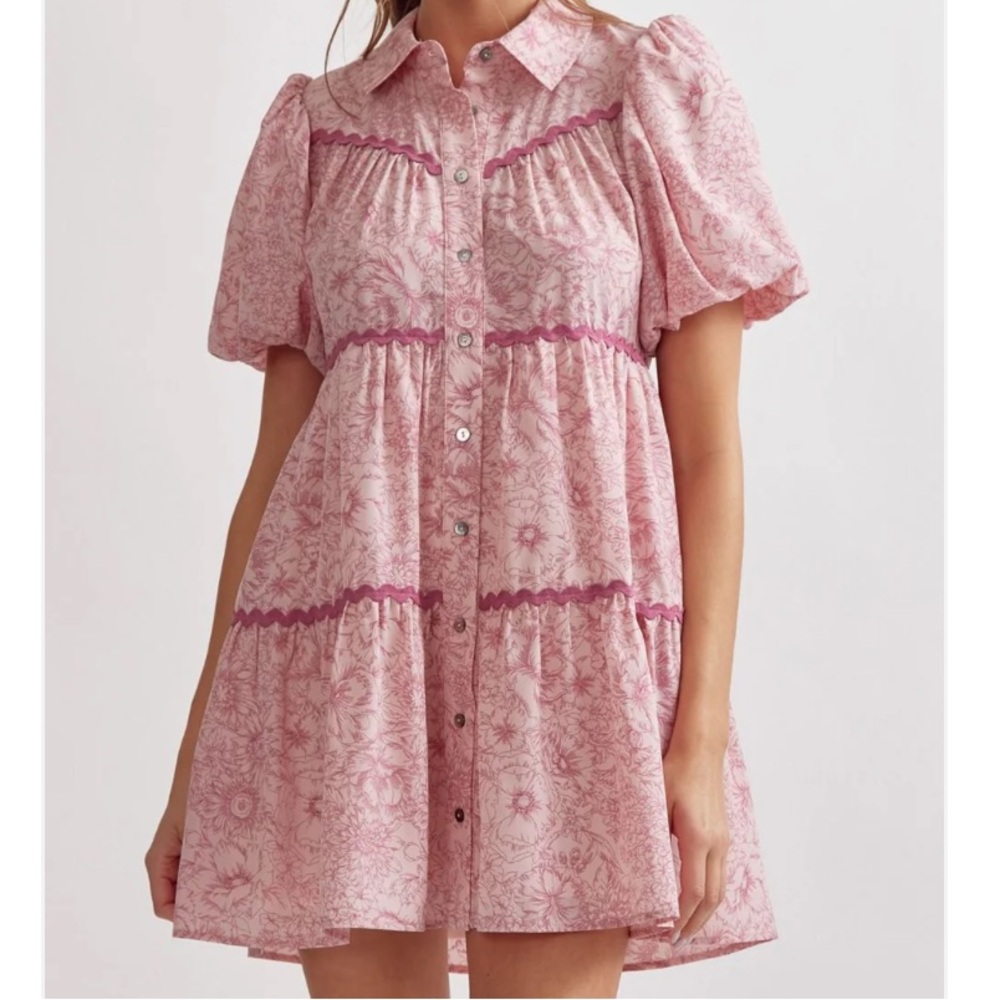 Pink Floral Puff Sleeve Dress Large